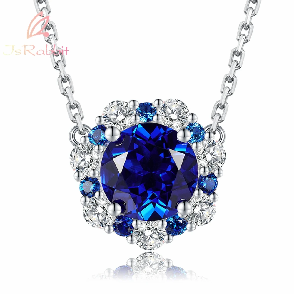 

IsRabbit 18K Gold Plated Round Ice 8MM Vivid Intense Blue Sapphire Diamond Party Necklaces 925 Sterling Silver Romantic Jewelry