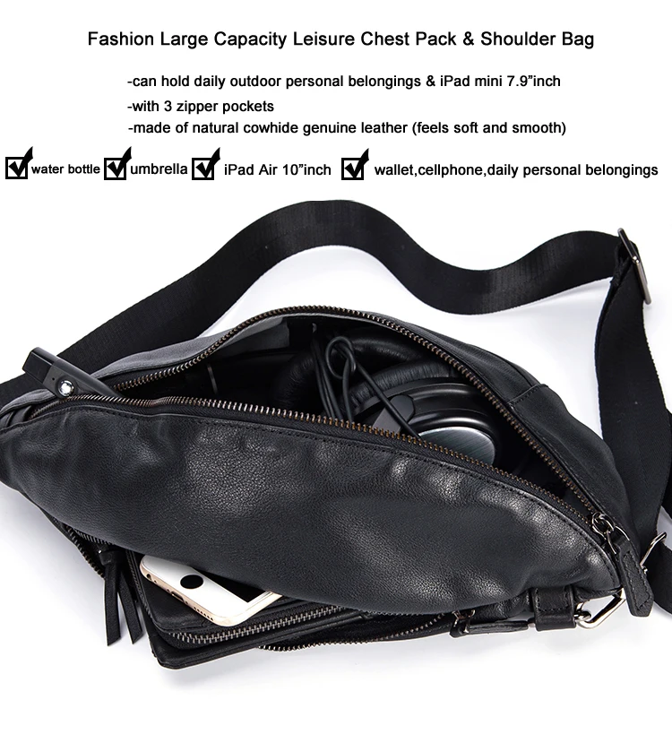 Fashion Genuine Leather Men's Chest Pack Shoulder Bag Messenger Sling Bag Small Leisure Bag Crossbody Black M129