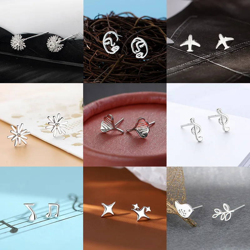 

925 Sterling Silver Mini Animal Cute Botanical Dandelion Snowflake Stud Earrings Women's Pierced Cartilage Earrings