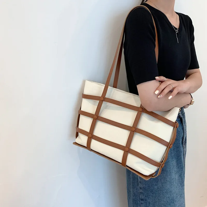 

Small High-end High-capacity Canvas Bag All-match Fashion Hollow Woven Shoulder Bag Handbag Tote Bag for Women