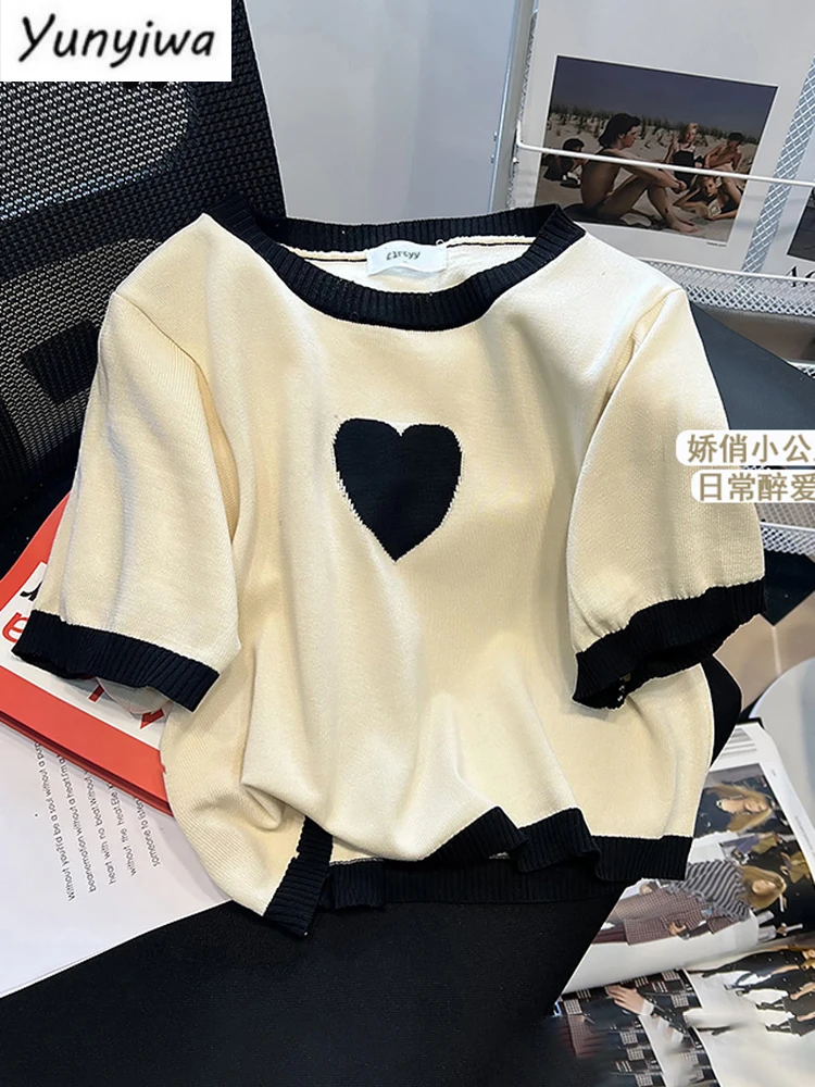 

Women T-shirt Heart Sweet Knitted Short Sleeve Tops Apricot Summer Panelled Girl Short Tshirts Simple Loohe, he's a