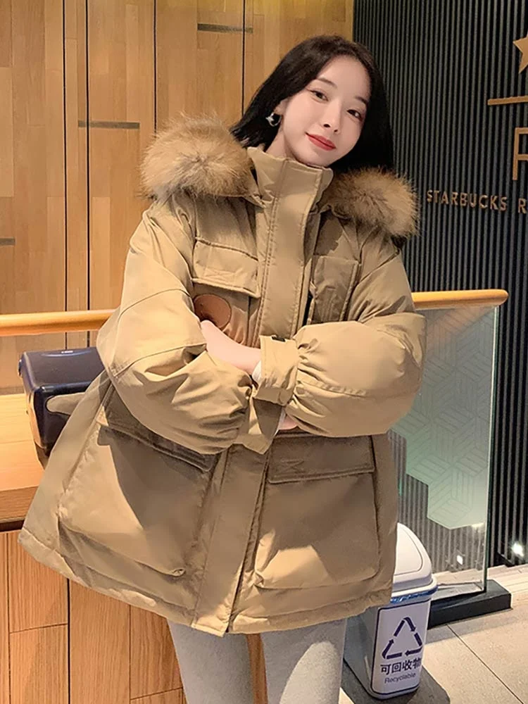 New Thick Loose Parkas Women Winter Puffer Jacket Fashion Fur Hooded Coats Women Military Style Cotton Padded Clothes