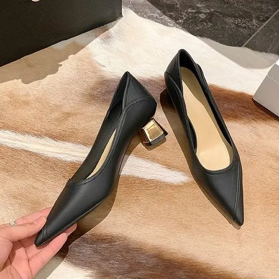 

High Heels Chunky Shoes Elegant Medium Women's Shoes Small Heel Pointed Toe Korean Casual Comfortable Woman Dress Formal Shoe