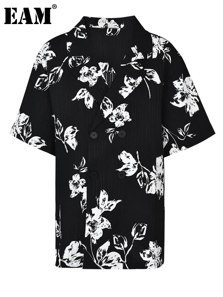 

[EAM] Women Black Print Flower Big Size Casual Blouse New Lapel Long Short Loose Fit Shirt Fashion Spring Summer 2023 1DF8706