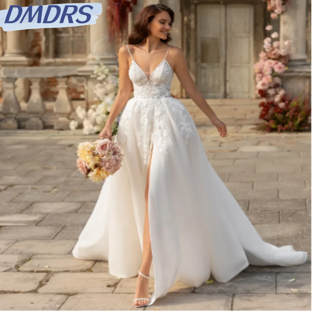 

Sexy V-neck Backless Dress For Bride Classic Appliques Bridal Gown Elegant Spaghetti Straps A-line Long Wedding Dress