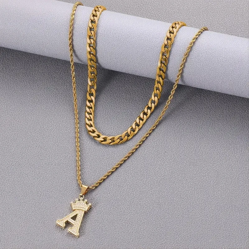 

New Double layer snake bone chain letter A pendant stainless steel ladies men's stacked collarbone chain One thick and one thin
