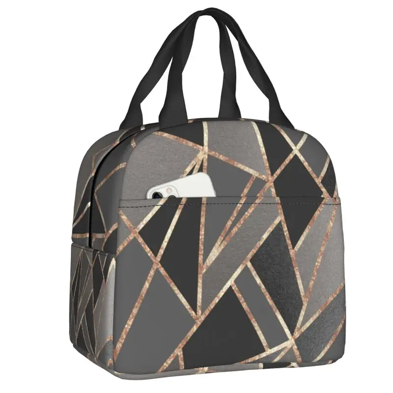 

Classic Silver Gray Charcoal Rose Gold Geo Insulated Lunch Bag for Camping Geometric Resuable Cooler Thermal Lunch Box Women