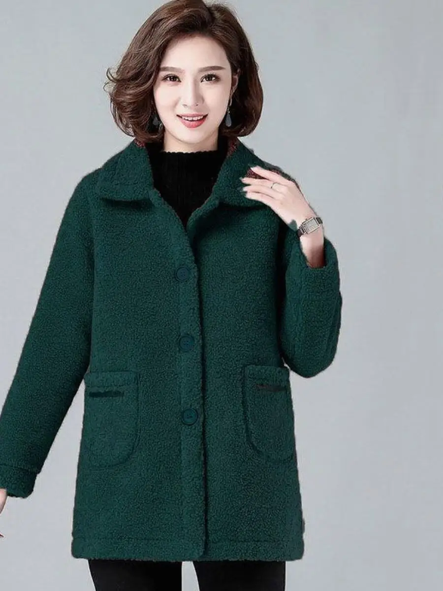 Fleece-lined Middle-aged Women Dress New Autumn and Winter Sheep Shearing Thickened Top Middle-Aged Elderly Western...