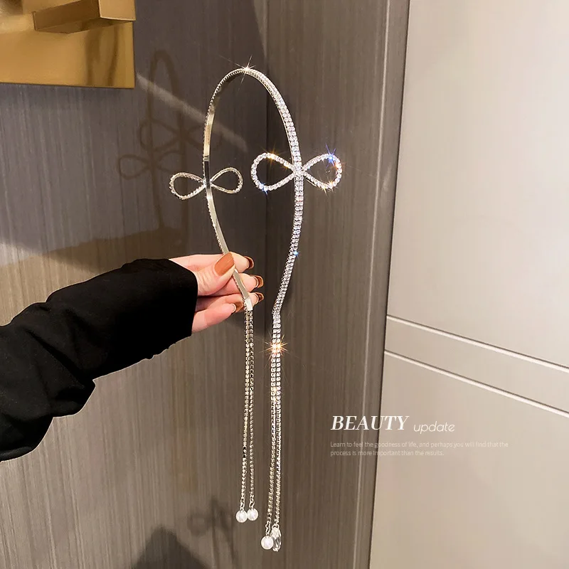 

Pearl Inlaid Diamond Bow Tassel Hair Hoop Exaggerated European And American Temperament Pressure High Sense Personalit