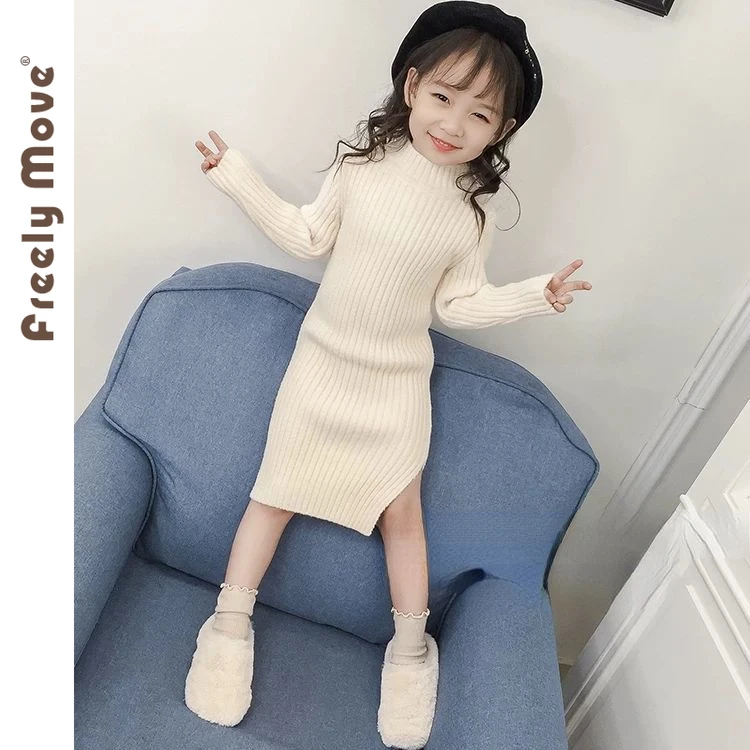 

Freely Move 2023 New Baby Girls Dresses Autumn Winter solid long sleeve knitted Dress For 2-7 Years Girl Kids Clothing Outfits