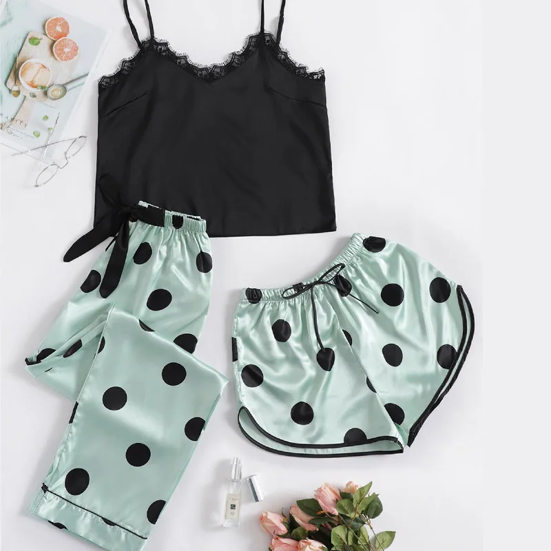 

3 Pcs Set Newest Silk Pajamas Sexy Sling Dress + Shorts + Trousers Casual Three-piece Home Suit Women's Pajamas with Shorts