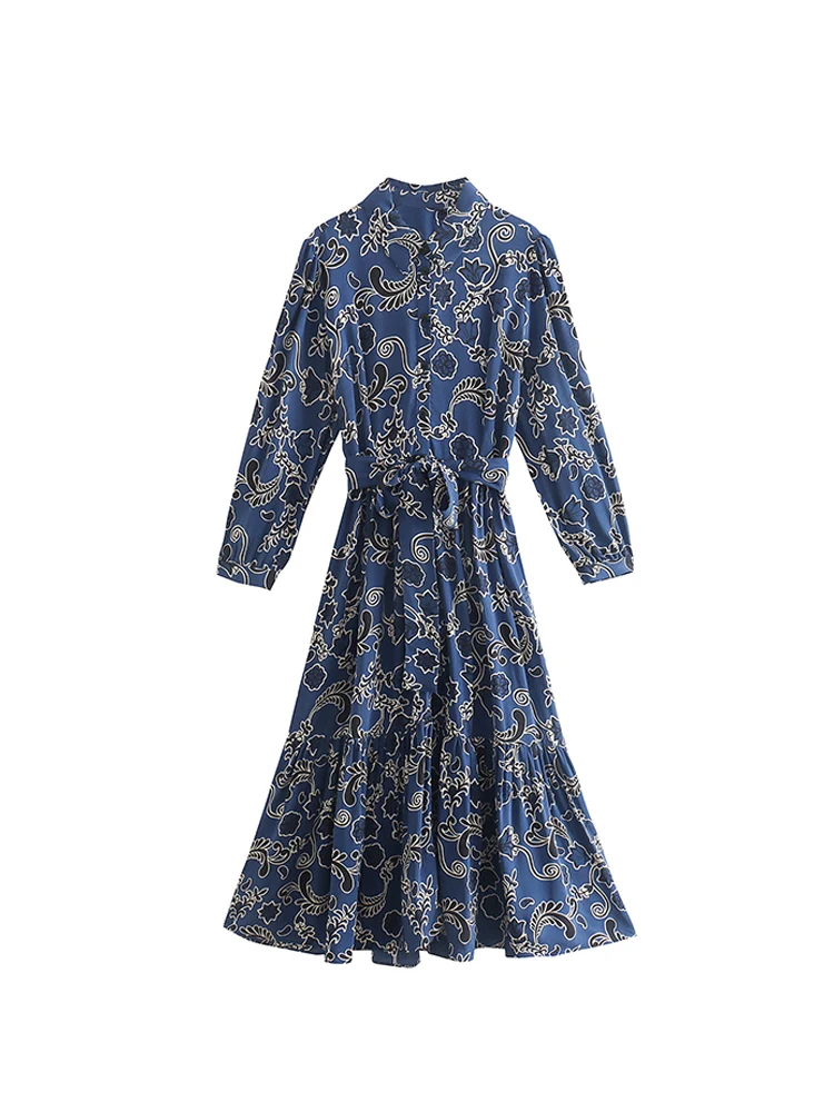 

Women Long Sleeve Blue Shirt Dress Bohemian Single Breasted Floral Print Midi Dresses With Belt 2022