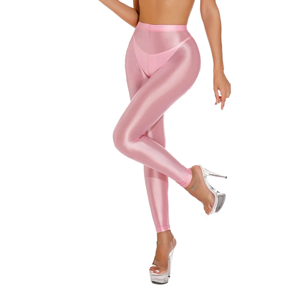 Фото Удобные новые стильные женские брюки, женские брюки для йоги, повседневные блестящие леггинсы для танцев, дискотеки, обычные атласные прозрачные эластичные леггинсы №4