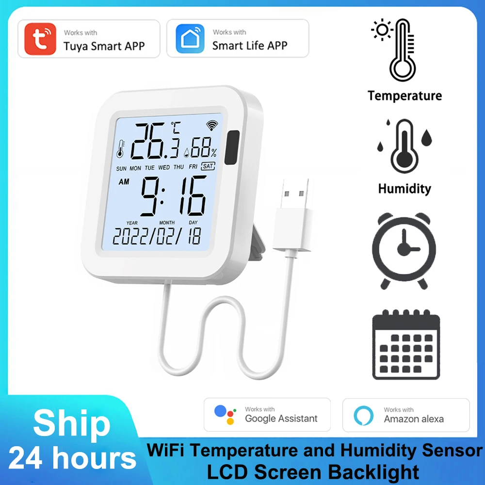 

Tuya WIFI LCD Screen Temperature and Humidity Sensor Contactless IR Backlight High and Low Temperature Reminder Alexa Google