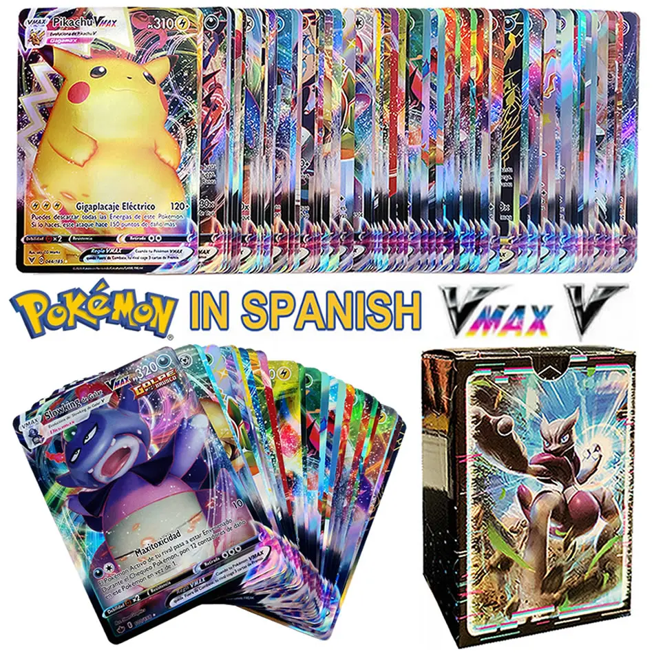 100pcs Pokemon Spanish Shining Cards Box Pokémon 61 Vmax 39 V Pikachu Display Playing Game Battle Carte Trading Kids Toys Gift |