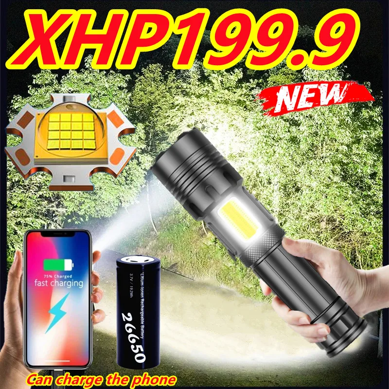 

700000LM XHP199 High Power LED Flashlight 26650 Tactical Flashlight Powerful Rechargeable Torch Light Waterproof Camping Lantern