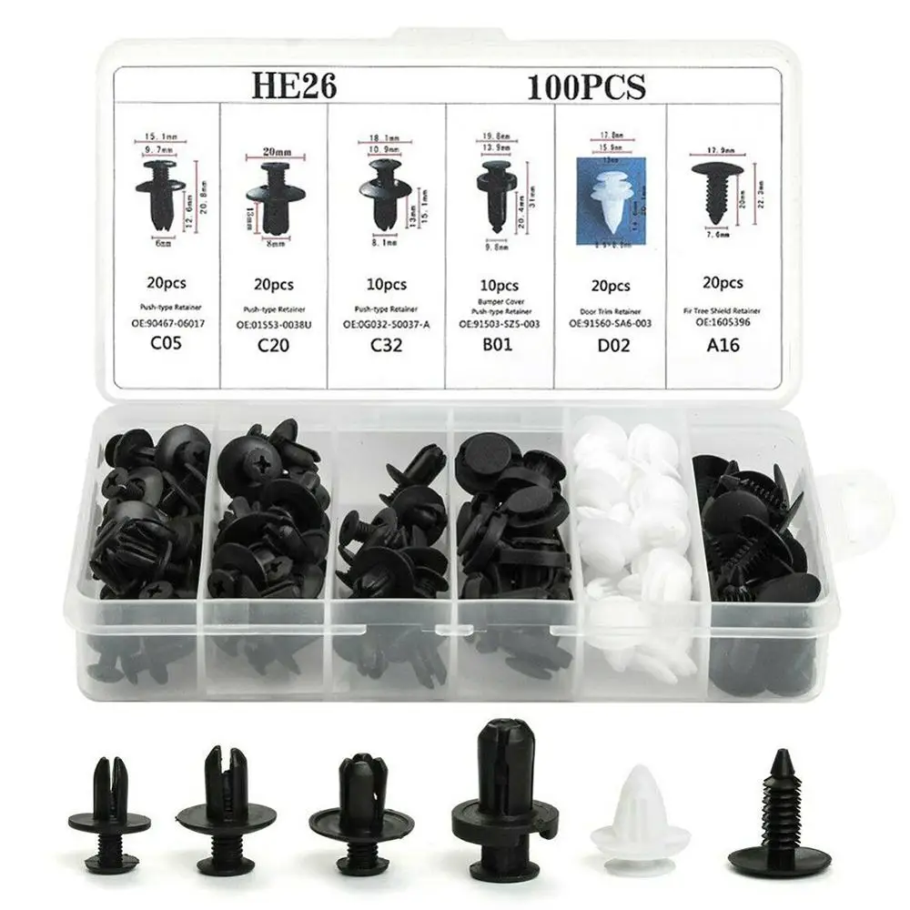 

6 Size 100pcs Auto Fastener Car Clips Mixed Body Push Retainer Pin Rivet Bumper Door Trim Panel Retainer Fastener Kit