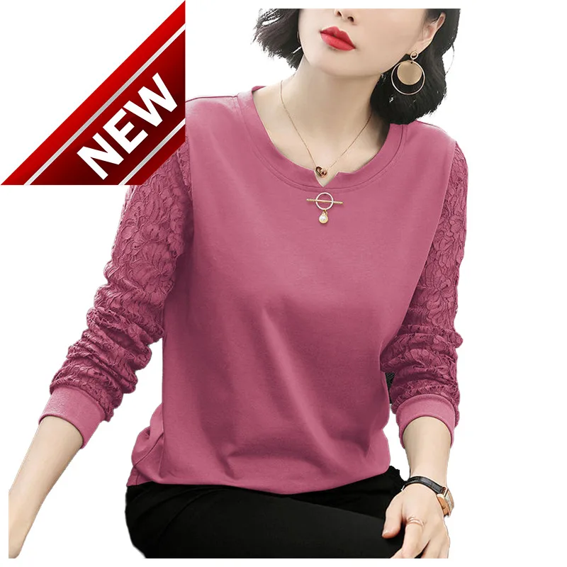 

Women‘s Cotton T Shirt Spring And Autumn Long Sleeve Tees O- Neck Embroidery Stitching Lace Tops Large Size Loose Tops