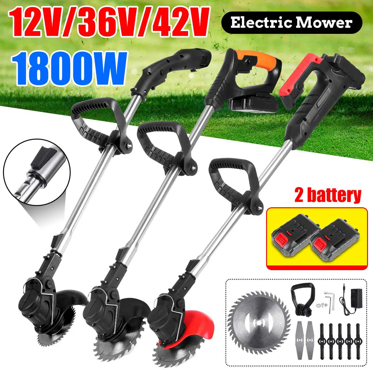 

1800W 36V/42V Electric Grass Trimmer With 2 Batteries Wireless Cordless Lawn Mower Length Adjustable Garden Pruning Cutter Tool