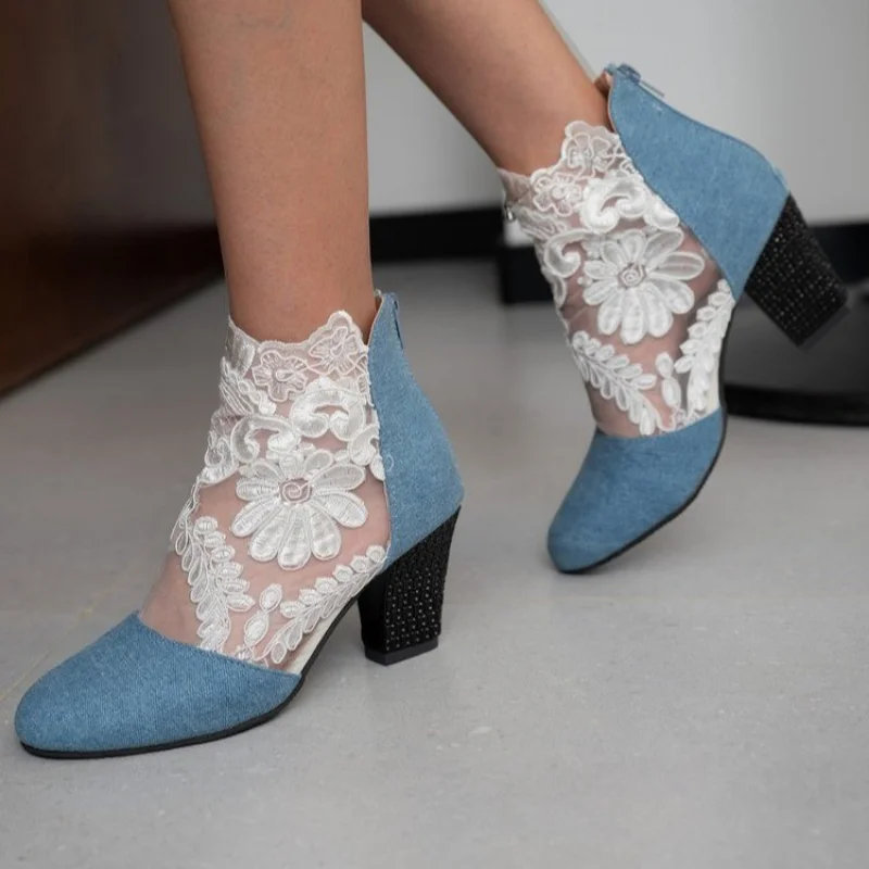 

Кружевные сетчатые марлевые ботинки на высоком каблуке женские модные туфли в европейском и американском стиле с круглым носком на толстом каблуке римские сандалии