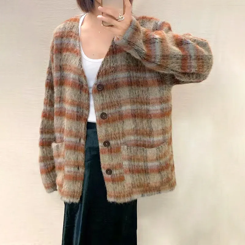 

Женский шерстяной кардиган в клетку, однобортный свободный жакет с V-образным вырезом и длинным рукавом