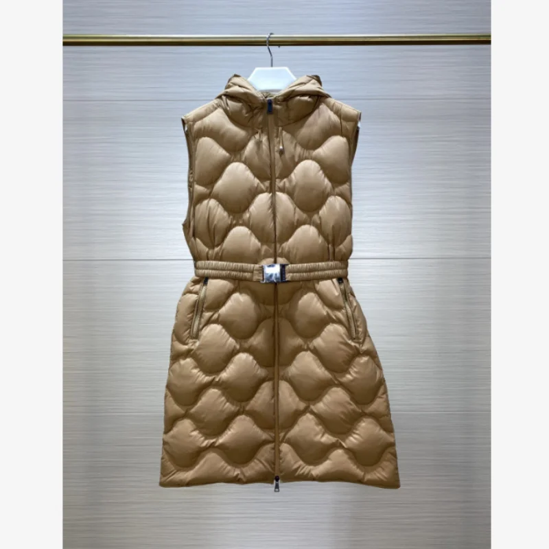 

Autumn winter lady Long style hooded down waistcoat Y2K zipper Casual jacket Belt accessory loose parka Solid color Warm coat