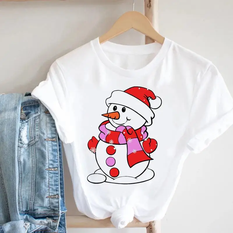 

Рождественская Женская Праздничная футболка с мультяшным рисунком, новый год, трендовые футболки с изображением снеговика 90-х, топ, дорожна...