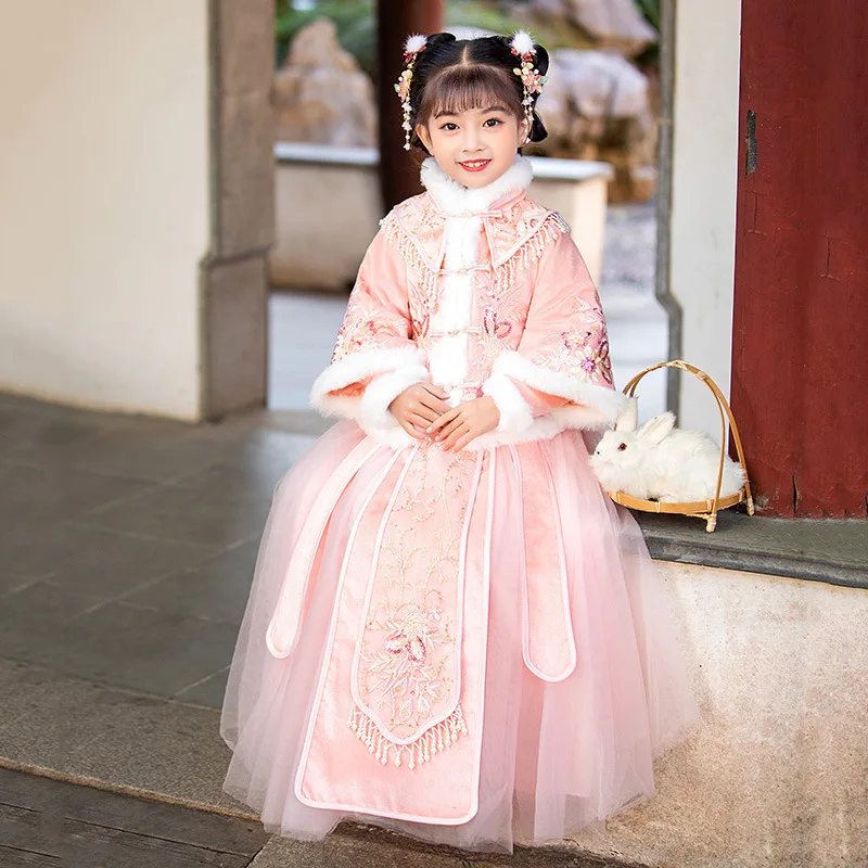 Зимнее теплое платье Hanfu для девочек с вышивкой в стиле ретро традиционное