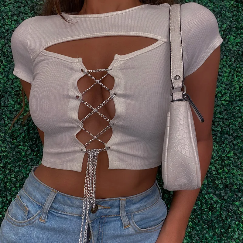 

Женский укороченный топ с цепочками, белая или черная ажурная футболка с круглым вырезом и коротким рукавом, повседневная одежда для девоче...