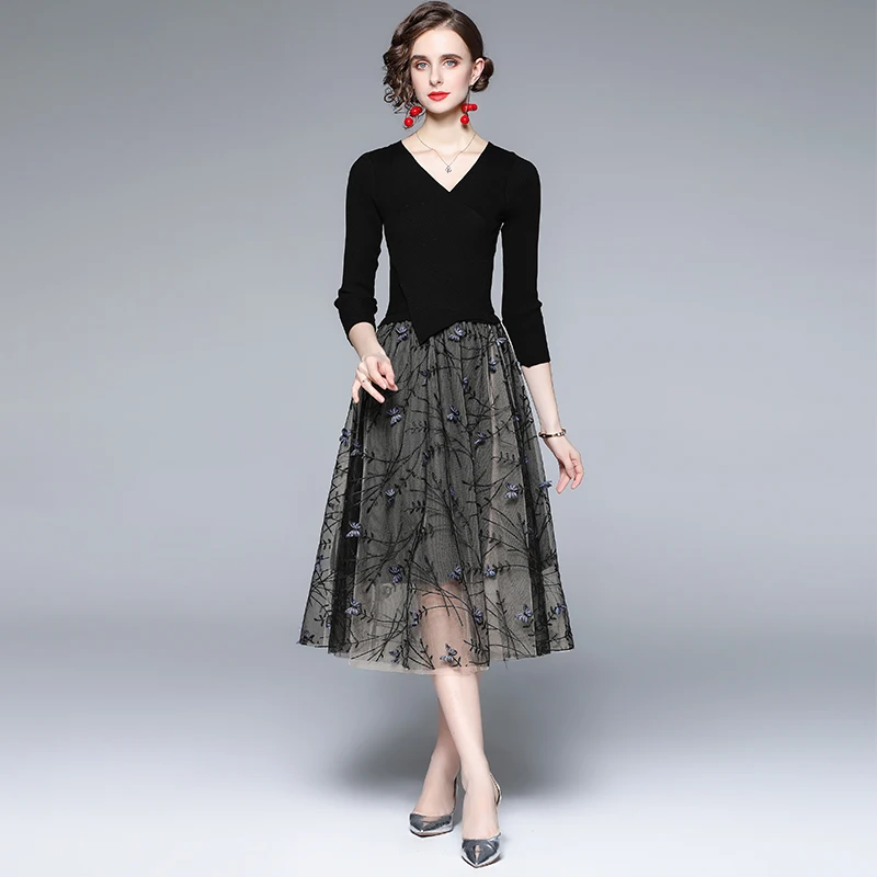 

Women Spring Designer Elegant Sexy V Neck Sweater Patchwork Cocktail Party Robe Female Vinatge Embroidery Mesh Dresses Vestidos