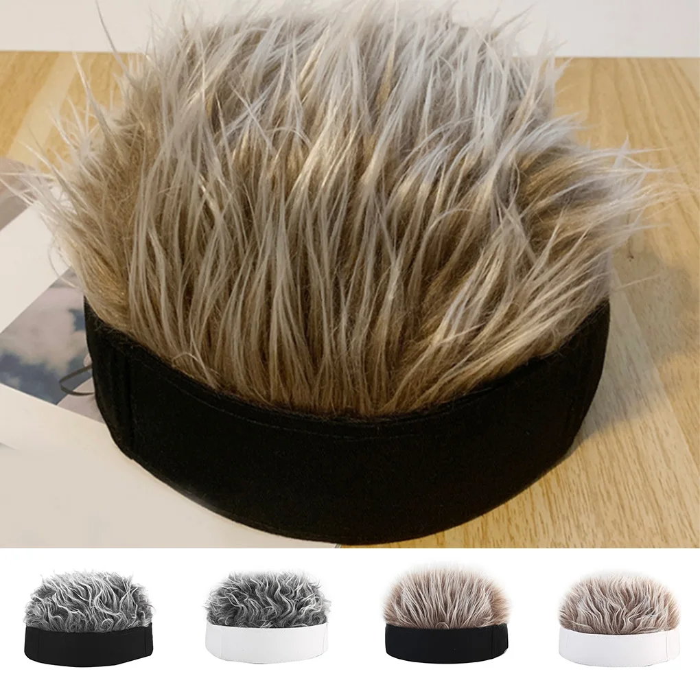 

Novelty Men Women Hip Hop Beanie Hat with Spiked Fake Hair Funny Retro Short Melon Wig Skull Landlord Cap Adjustable Streetwear