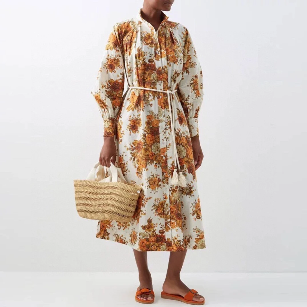 

2022 New Autumn High Quality Yellow Flowers Blossom Print Lace-up Lantern Sleeve Loose Midi Beach Style Long Lady Dress