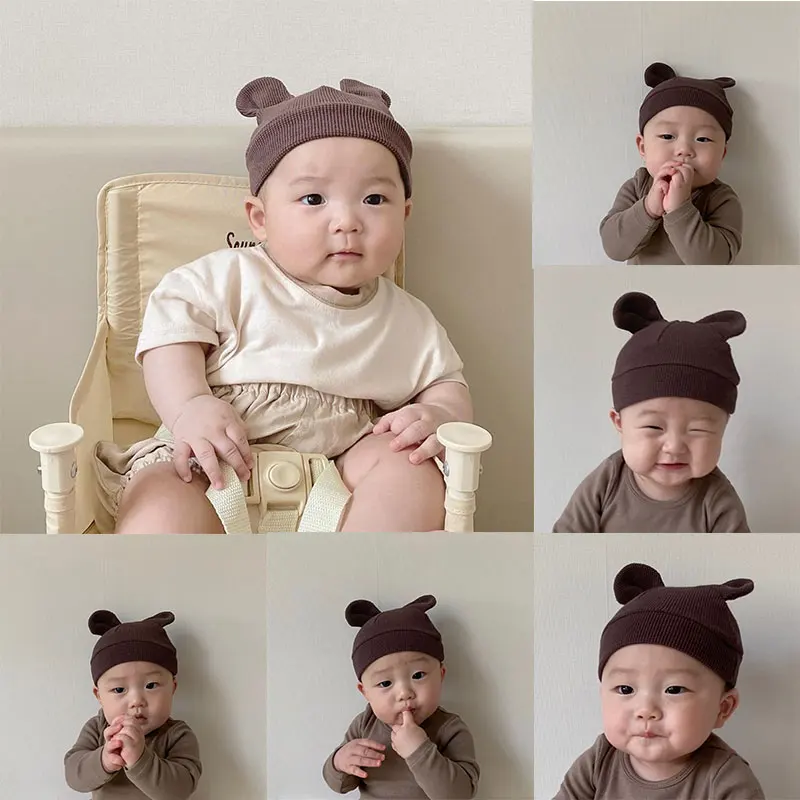 Baby Cute Bear Ear Newborn Photography Props Hats Summer Solid Color Cotton Beanie Caps for Girls Boys Headband Accessories