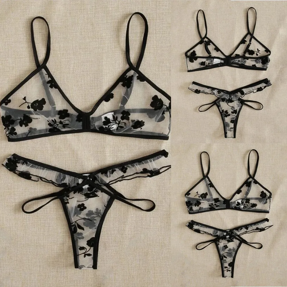 

Women Sexy Lace Embroidery Bra Sets Sleepwear Hot Erotic Underwear Breathable Thong Nightwear Sheer Ultra-thin Lingerie Set