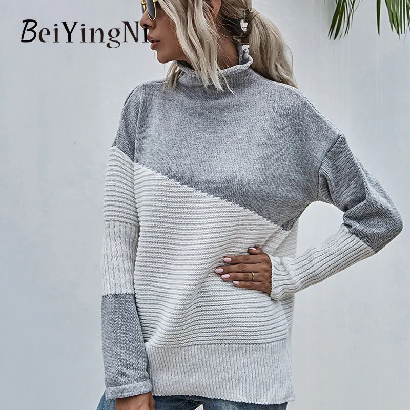 

Beiyingni Модные женские свитера с воротником-хомутом и длинным рукавом, вязаный женский пуловер очаровательного цвета, повседневный свободный...