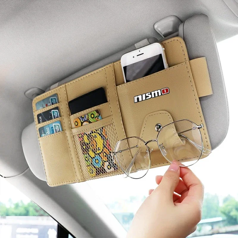 Car Sun Visor Organizer Storage Card Bag Sunglasses Clip For Nismo Emblem R34 GTR Nissan Tiida Sylphy Teana X-trail 1 2 Qashqa