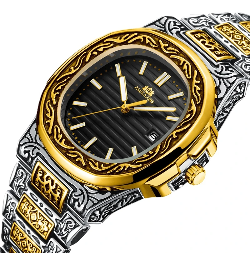 

PAULAREIS-Men Luxury Brand AAA Parrot Fashion Steel Band Diamond Luxury Sports Waterproof Business Luminous Men Quartz Watch