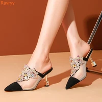 colored diamonds crystal mesh sandals slip on pointed toe metal stiletto heel shoes women summer casual fashion sandals
