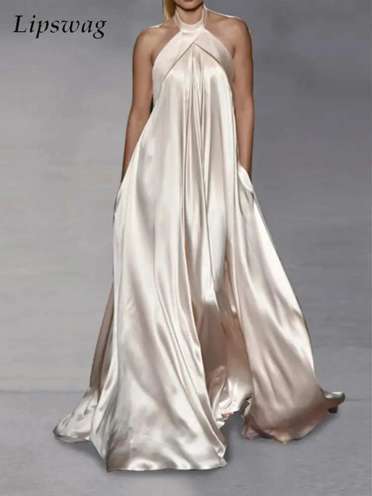 

Fashion Elegant Ladies With Pocket Loose Dress Summer Satin Silky Solid Big Hem Dress Women Sexy Halter Sleeveless Maxi Dresses