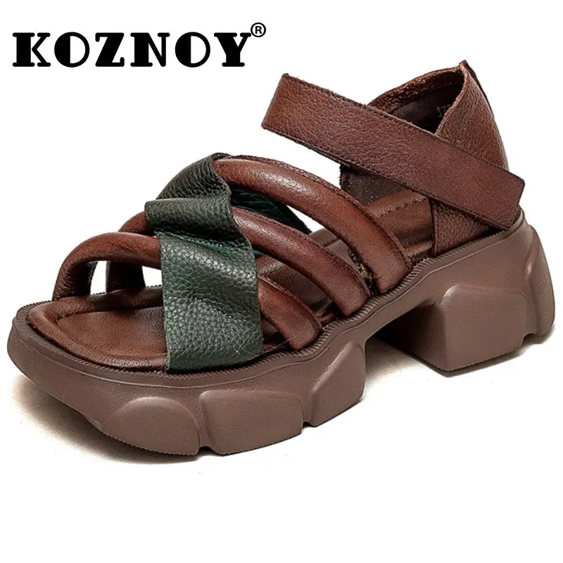 

Koznoy Women Sandals 6cm Hook Cow Genuine Leather Summer Fashion Platform Luxury Females Thick-soled ROME Big Toe Retro Shoes