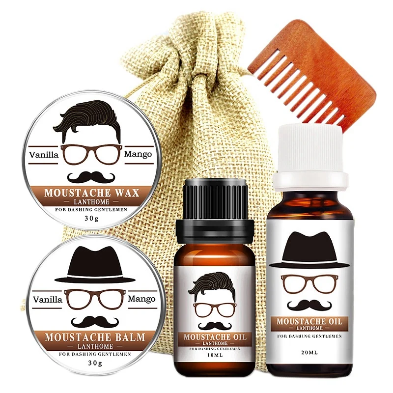 

LANTHOME 6Pcs/Set Men Moustache Cream Beard Oil Kit With Moustache Comb Brush Storage Bag Beard Balm Men Beard Kit