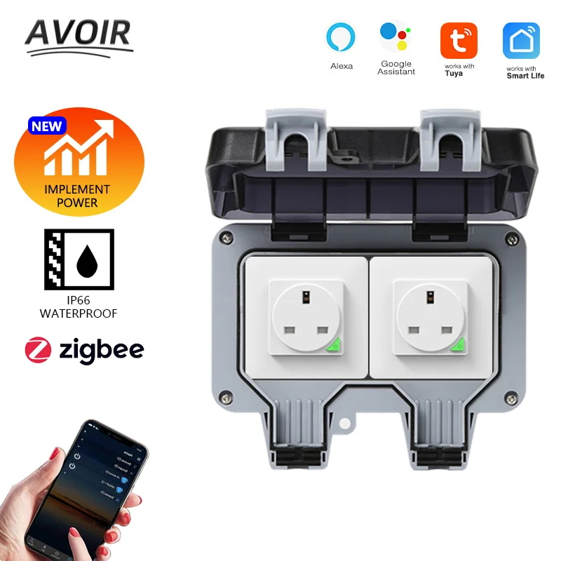 

Avoir Tuya Zigbee Wall Power Outlet White IP66 Wifi Smart Outdoor Waterproof Socket UK Standard Plug Work With Alexa Google Home