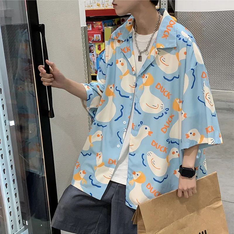 Summer Short Sleeve Shirts Men Baggy Korean Fashion Duck Letter Printed T-Shirt Streetwear Casual Cardigan Blouses Male Clothes