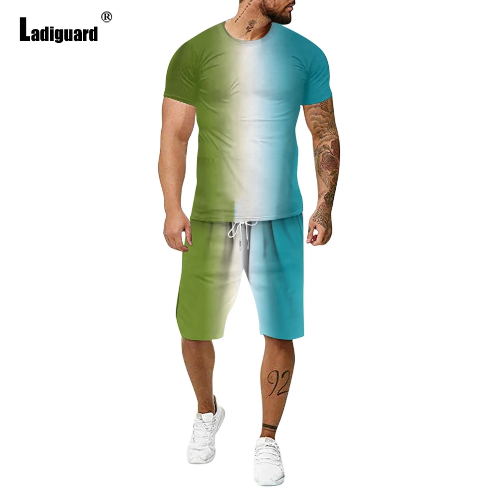 Ladiguard Plus Size Men Fashion Two Piece Outfits Short Sleeve Top and Panties Sets 2022 Summer New Gradient Print Tracksuit Set