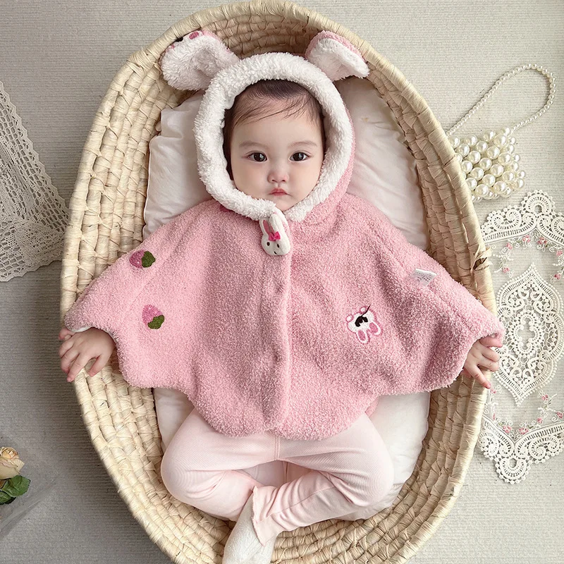 

2022 Kids Cloak 73-110 girls pink colour rabbit strawberry pattern Autumn Winter outerwear