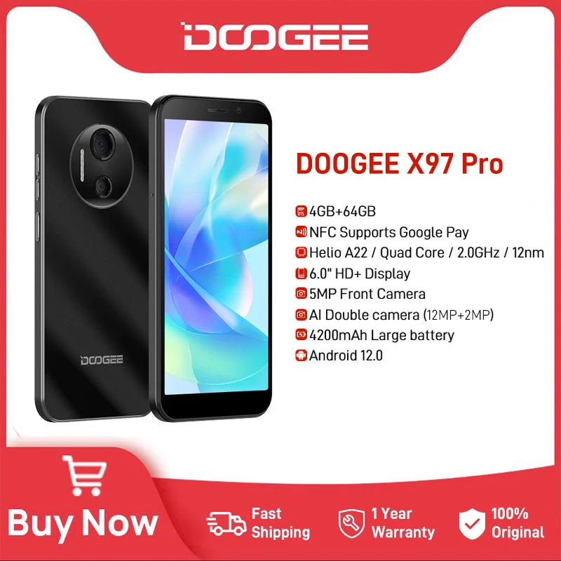 Смартфон DOOGEE X97 Pro 6 0-дюймовый HD-дисплей G25 Octa Core 4 ГБ + 64 Cellhone 12-мегапиксельная