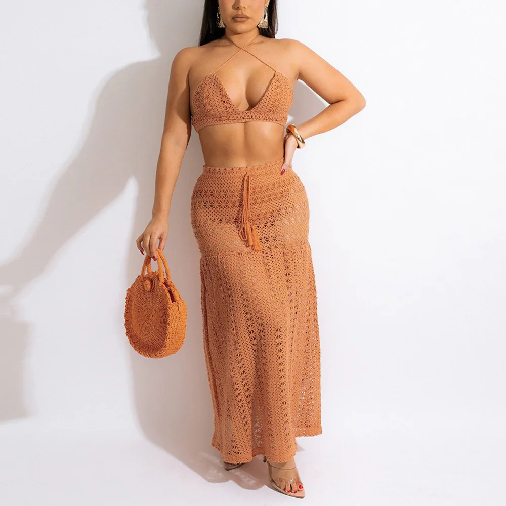 

Sexy Transparent Lace 2 Pieces Skirts Sets Hollow Out See Through Crop Tops & Long Skirt Fashion Elegant Evening Night Club Sets