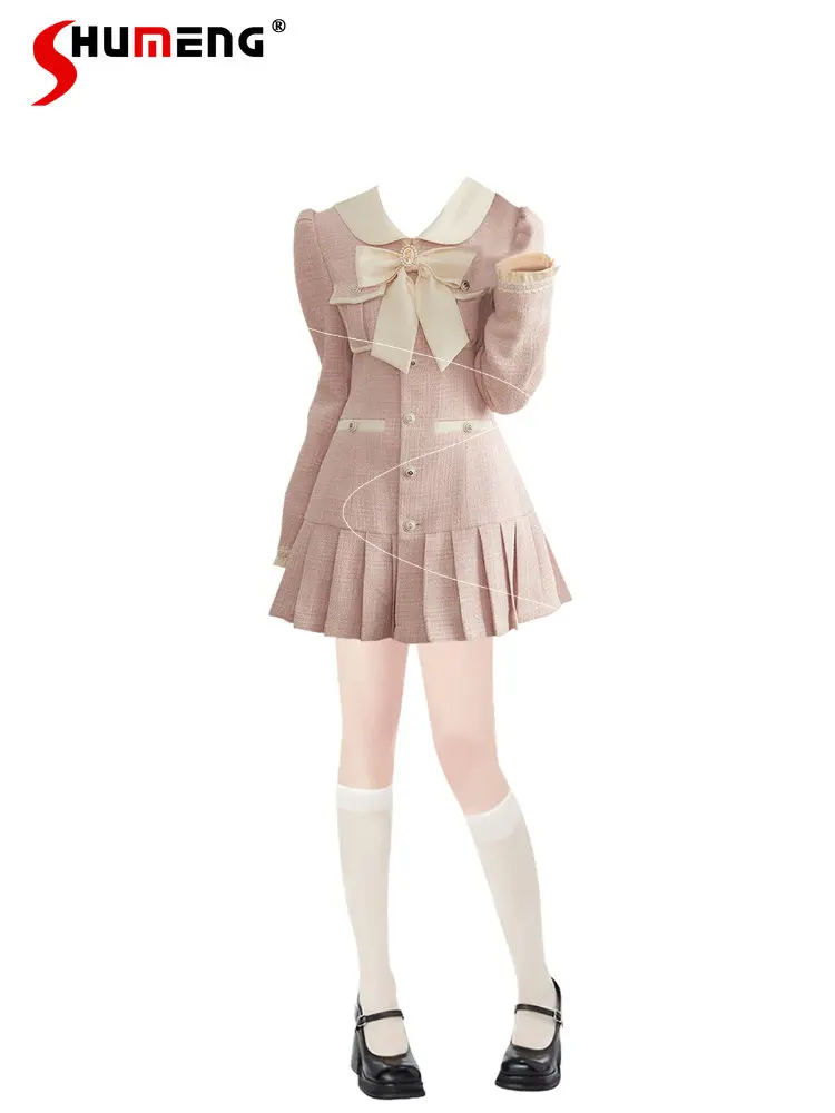 

French Style Sweet Women's Pink Bow Short Dress 2023 Autumn and Winter New Classic Style Woman Trimming Waist Pleated Dresses