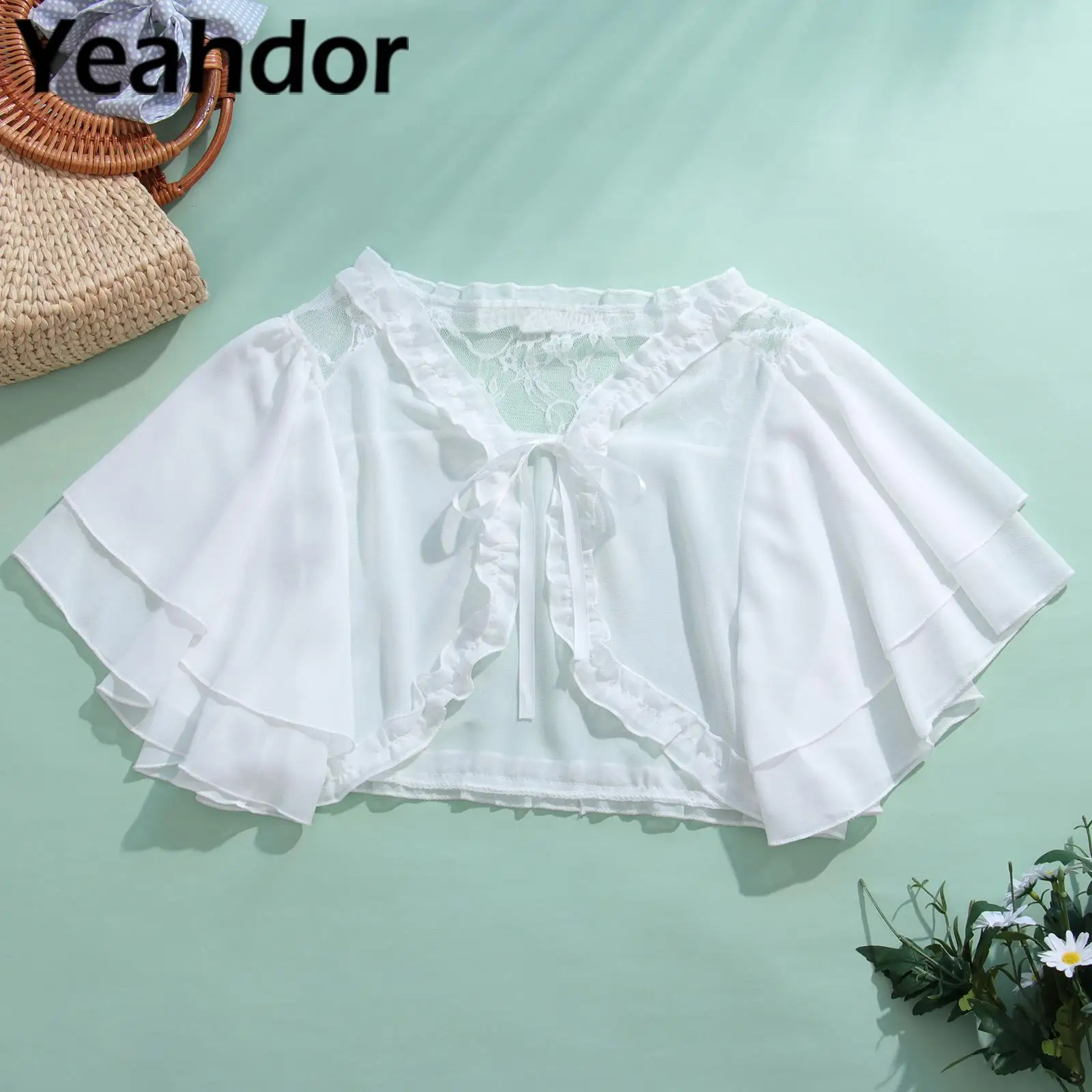 

Women Sheer Lace Chiffon Wraps Bolero Covers Up Woman's Elegant Shrug Tops for Party Dress Bridal Cardigan Wedding Shawl Cape