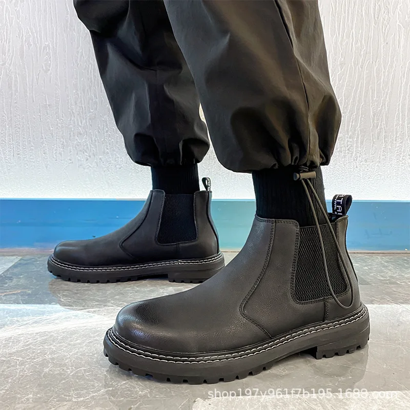 

Men Chelsea Boots Men Shoes Cowhide Solid Color Warmth Increase Waterproof Non Slip Round Men Short Boots Platform Shoes